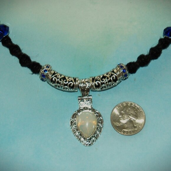 Bohemian Teardrop Moonstone Filigree Pendant on a 22" Handmade Black Hemp Chain - Picture 5 of 6